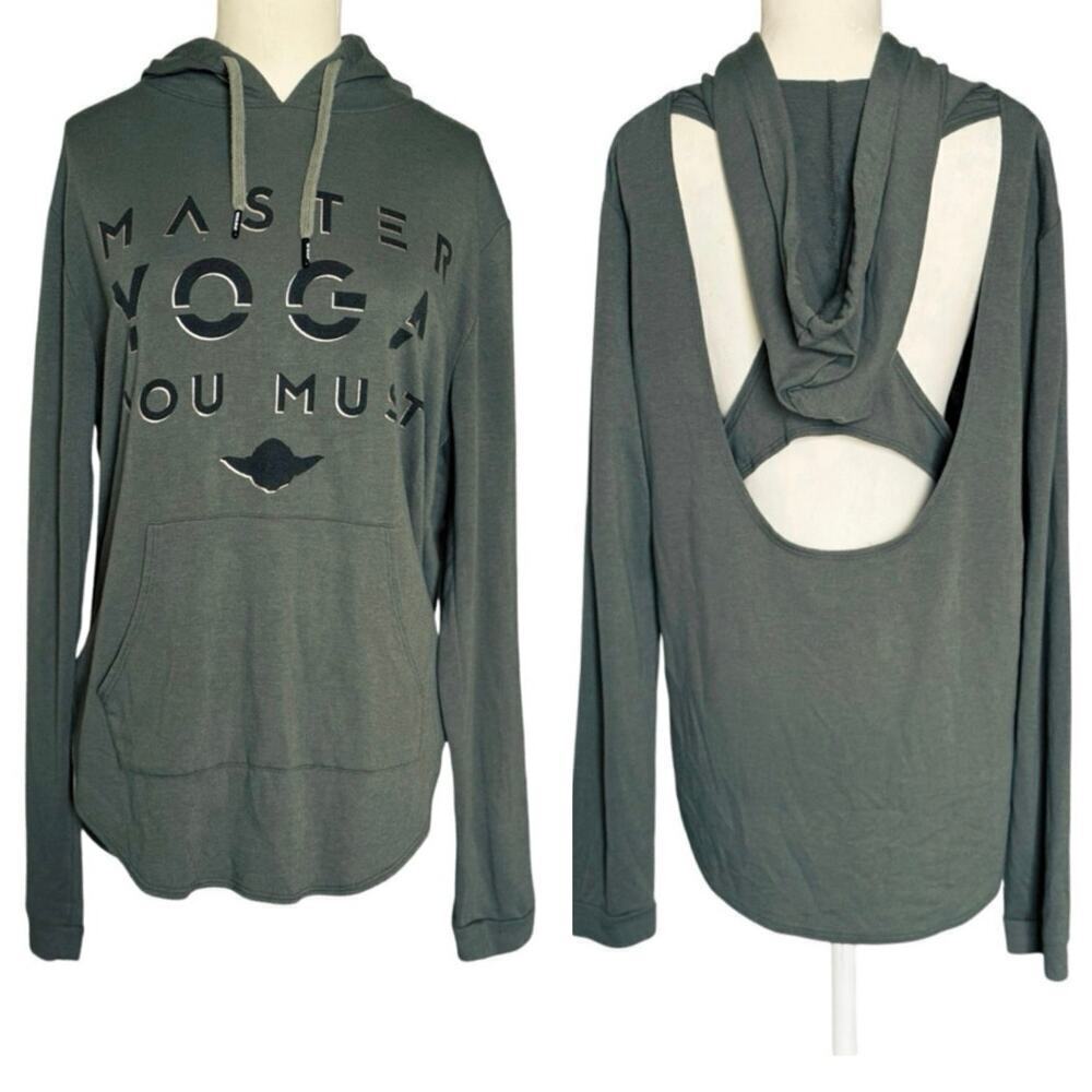 Master Yoga Women’s You Must YODA Star Wars Hoodie Shirt Olive Racer Back Sz L
